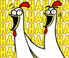 Digital art gif. Two chickens are cackling together while one pats the other on the back. They have crazy eyes and their beaks hang open as they laugh and text in the background reads, "AHAHAHAHAHA" while scrolling endlessly.
