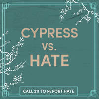 Text gif. Ecru letters on a sage green background, surrounded by swaying cherry blossom branches as a butterfly glides through. Text, "Cypress vs hate, call 211 to report hate."