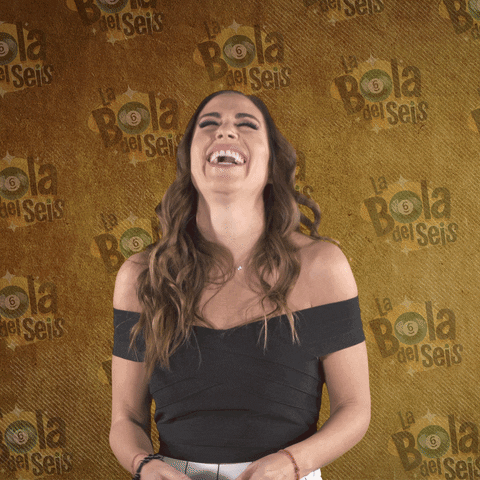 Video gif. Marta Guzman throws her head back and laughs hysterically as she looks back at us. Laughing emojis pop up and surround her against a background with the La Bola del Seis logo. 