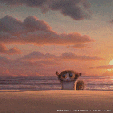 Movie gif. Mort from Madagascar jumps up and down on a beach at sunset.