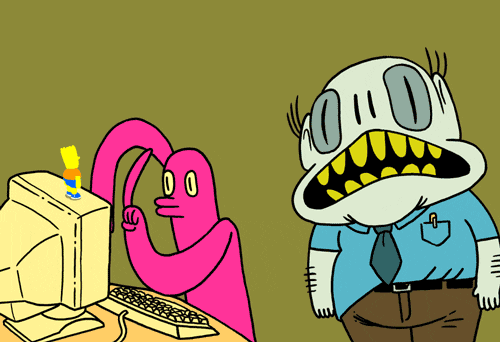 Illustrated gif. Pink cartoony character finger-types on a keyboard, with flair, flopping his arms up and down with each stroke, while a bald man in office clothes behind him gnashes his yellow teeth.