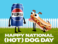 Sponsored gif. Can of Pepsi pets a happy hotdog that looks like an actual dog. Text reads, “Happy National (Hot) Dog Day.”