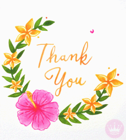 Digital art gif. A garland of green leaves and hibiscus flowers fills the screen. Inside the garland are the words, "Thank you."