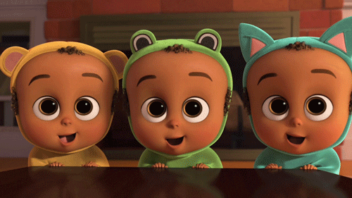 Movie gif. Triplets in Boss Baby look up with wide-eyed anticipation before shrinking close together with sad faces.