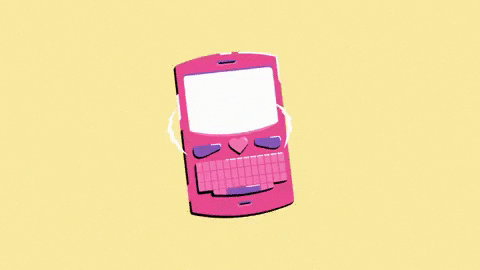 Illustrated gif. Pink blackberry phone receives a text that fills the screen, reading "Stop."