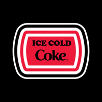 Sponsored gif. A black, white and red sticker with the words "Ice Cold Coke."  Black, white  and red stripes change colors around the letters. 