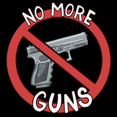 Digital art gif. A red circle with a slash through it is superimposed over an illustration of a handgun. Text on the outside of the red circle reads, "No more guns," everything against a black background.