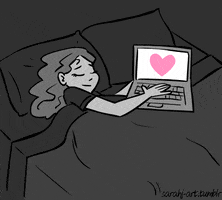 Illustrated gif. A young woman sleeping peacefully in her bed with her laptop, a big, pink heart on the screen.