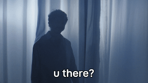 Sponsored gif. Michael Cera is dramatically wandering through a room draped with silky, transparent blue fabric and his silhouette flashes through the light as he gets closer and closer. Text, "u there?"