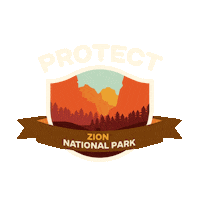Digital art gif. Inside a shield insignia is a cartoon image of cliffs inside a steep mountain range. Text above the shield reads, "protect." Text inside a ribbon overlaid over the shield reads, "Zion National Park."