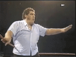 Sports gif. Andre the Giant in a wrestling ring holds out his hands in anticipation, cutting to different shots and angles as he shouts, “No," getting progressively more panicked.