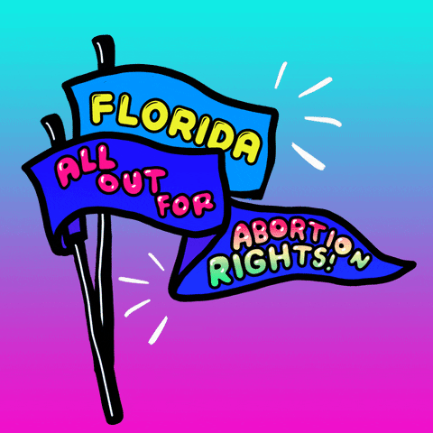 Digital art gif. Two pennants wiggle slightly against a multicolored background. The first pennant says, “Florida.” The second says, “All out for abortion rights!”