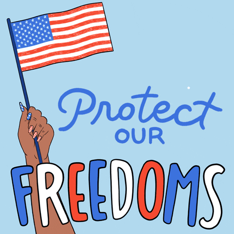 Illustrated gif. Hand with stars-and-stripes nail art holding a flag of the United States in front of a powder-blue background with teeny white fireworks. Text, in revolving red white and blue, "Protect our freedoms."