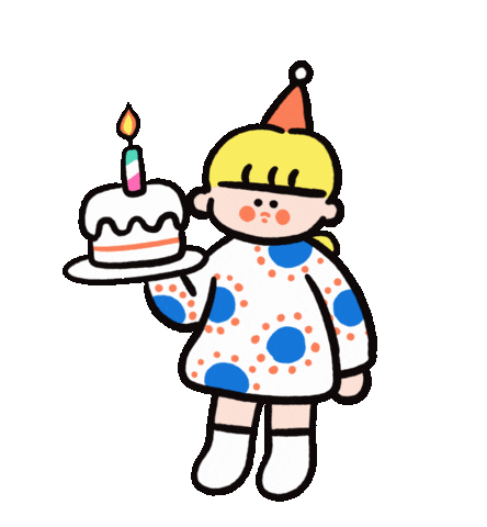 Sticker gif. Pixelated pink birthday cake with yellow and blue frosting that sparkles in the light. Matching colored hearts appear on the right and yellow flowers appear on the left.