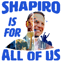 Photo gif. Collage of Josh Shapiro includes a photo of him smiling, along with photos of a variety of people rooting for him, including one woman who holds up her hand in a peace sign against a transparent background. Text, “Shapiro is for all of us.”
