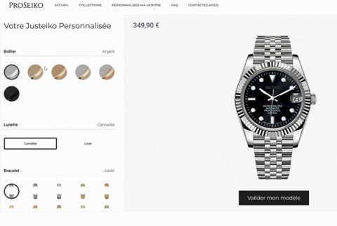 Animated watch customization interface with options for case, bezel, and bracelet.