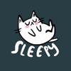Illustrated gif. White cat with pink cheeks and closed eyes rocks back and forth on its back, sleeping. Stars sparkle around it. Text, "Sleepy."