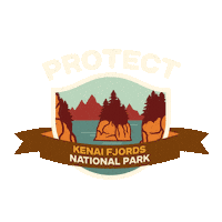 Digital art gif. Inside a shield insignia is a cartoon image of several small islands in a large body of water, each island covered in a thick layer of pine trees. Text above the shield reads, "protect." Text inside a ribbon overlaid over the shield reads, "Kenai Fjords National Park."