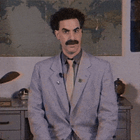 Movie gif. Sacha Baron Cohen as Borat wears a gray suit and tie and a thick black mustache. He turns his head and makes an exaggerated smile at us like he's posing for a portrait.