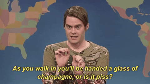 bill hader as you walk in youll be handed a glass of champagne GIF by Saturday Night Live