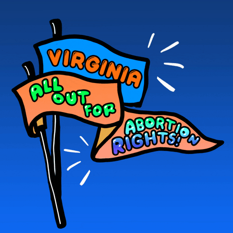 Digital art gif. Two pennants wiggle slightly against a blue ombre background. The first pennant says, “Virginia.” The second says, “All out for abortion rights!”