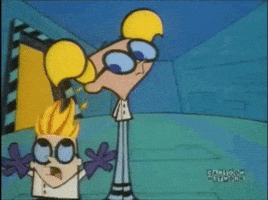 Cartoon gif. In Dexter's Laboratory, Dee Dee's eyes calmly follow Dexter as he circles around her, running in a panic with his hair on fire.