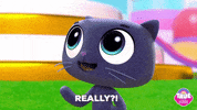 Cartoon gif. Bartleby from "True and the Rainbow Kingdom" looks up with eyes wide and asks, "Really?!" which appears as text.