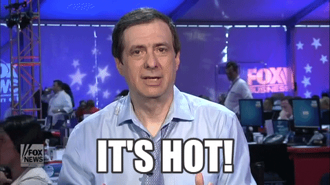 Political gif. Howard Kurtz is covering the Democratic National Convention on Fox News. He says, "It's hot!" while using his hands for emphasis.
