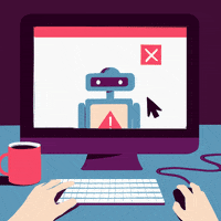 Digital art gif. Hand clicking a mouse in front of a computer monitor closes multiple spam pop-up windows that feature robots and a hooded hacker. Text, “Beware of bots and troll accounts. Always check the source.”