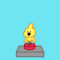Cartoon gif. Blambi, a little yellow dinosaur from DinoSally, jumps up excitedly then lands on a red button that changes the whole scene from daytime to nighttime colors. Text, "Good night."