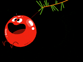 Digital art gif. A red ornament is swinging from a Christmas tree branch. It looks joyful as it grins and uses its legs to gain more momentum.