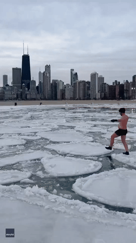 Chicago Man Takes a Stroll on Lake Michigan Ice Pancakes in Swim Trunks