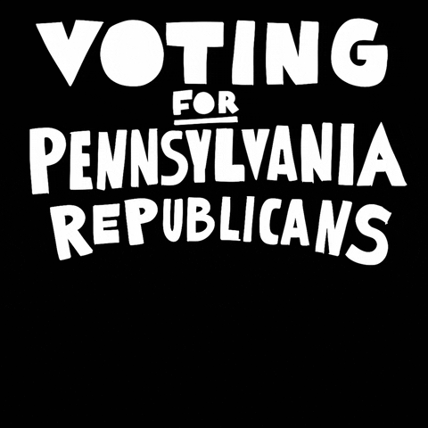 Text gif. Heavy youthful block letters in white and red on a black background, reading, "Voting for Pennsylvania republicans equals abortion ban."