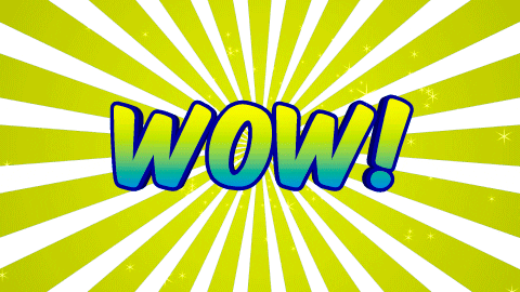 Text gif. The word "wow!" wiggles in a comic-book font against a flashing blue, green, yellow, and white starburst background.