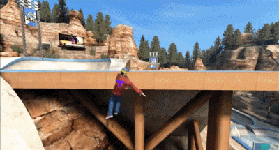 Video game gif. A man falls off a ledge and impressively falls down a huge well, sliding down the side before landing on his face.