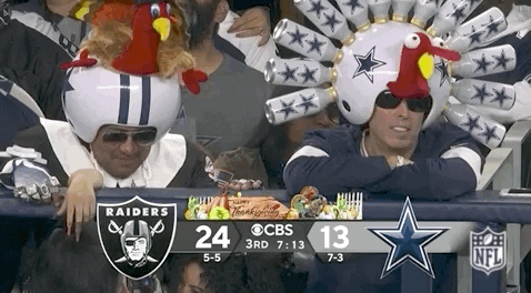 Sports gif. Two Dallas Cowboys fans with sunglasses on stand in the audience with huge homemade fan helmets that sport a turkey head and star painted beer bottles as its feathers.