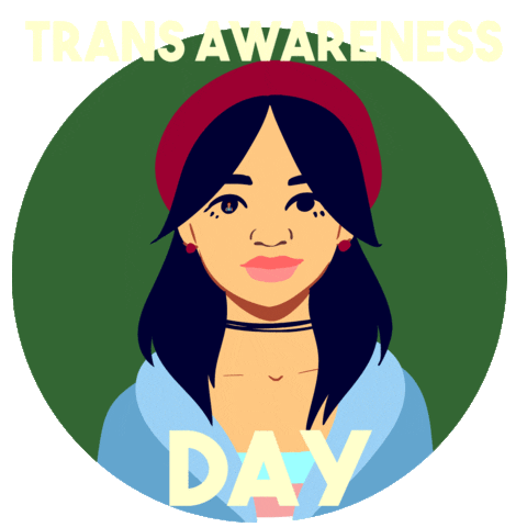 Illustrated gif. Person wearing a red beret appears in a circular frame on a transparent background. We zoom in on their eye, revealing a person with short brown hair, then continue cycling through a cast of diverse folks as each person's eye is magnified. Text, "Trans Awareness Day."