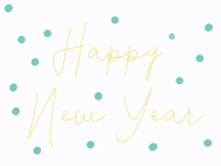 Text gif. White background with polka dots that change from yellow, pink, and blue. The text also changes from yellow, pink, and blue. Text, “Happy New Year.”