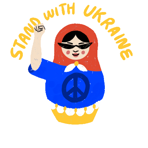 Digital art gif. Animation of a blue, red and yellow Russian nesting doll with a raised fist wearing sunglasses. Text around the doll reads, "Stand with Ukraine, stand with Russian Angelinos."