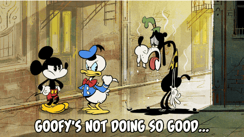 Disney gif. Mickey Mouse, Donald Duck, and Goofy stand in an alleyway. Donald points over to Goofy and says, "Goofy's not doing too good," which is quite true, as Goofy is literally fuming and melting into a puddle of black oil from the extreme heat. Sweat drips off of Mickey and Donald's foreheads as Mickey watches in shock.