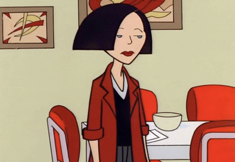 Cartoon gif. Jane Lane from Daria shrugs indifferently, wearing a deep red blazer that matches the color of the dining chairs behind her.