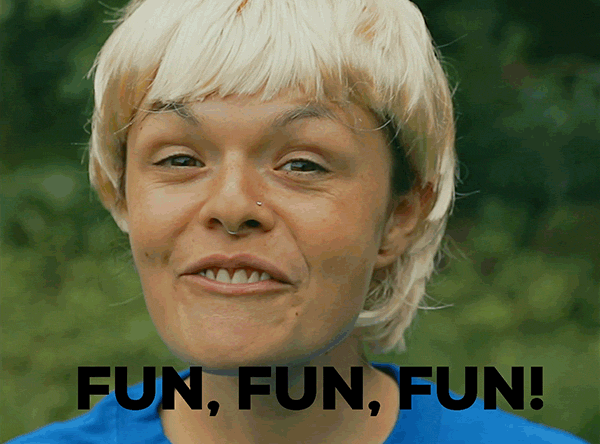 Meme gif. A woman in a short blond wig says "Fun, fun fun!" parodying the kazoo kid meme.