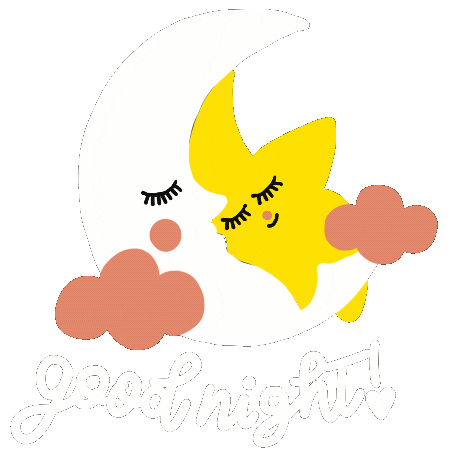 Sticker gif. Cartoon of sleeping white crescent moon cradling a smiling yellow star amongst orange clouds rocks gently over a transparent background. Text, “Good Night.”
