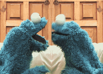 Muppets gif. The Cookie Monster from Sesame Street looks confused as he stares face to face with another cookie monster. 