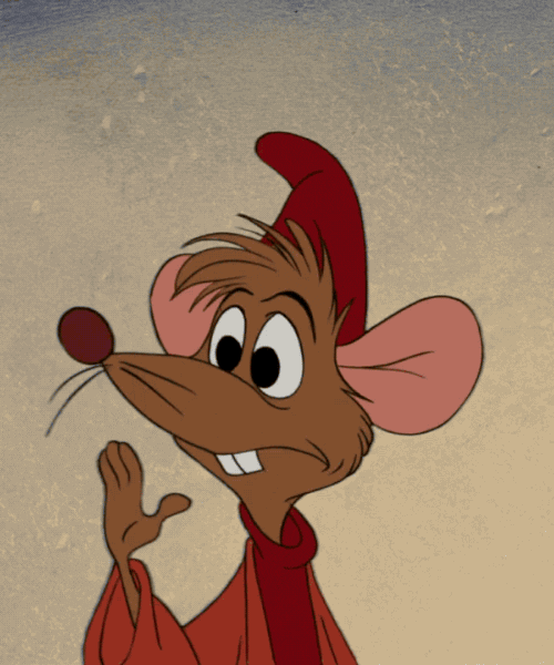 Disney gif. Jaq the mouse from Disney's animated Cinderella waves goodbye forlorn and feins a quick smile. 