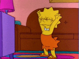 The Simpsons gif. Lisa dances in a living room with eyes closed, arms up, and hips moving in a continuous circular motion.