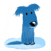 Digital art gif. A cartoon blue dog sits in a puddle of its own tears, a single tear falling from its right eye as its little mouth quivers sadly.