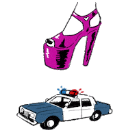 Text gif. Woman's foot, wearing fuchsia stripper heels, comes down on and crushes a police car, a message zooms atop the image. Text, "Decriminalize, sex work, now!"