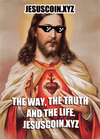 Digital art gif. Jesus wears pixelated sunglasses and has his hands in prayer. Text, "Jesuscoin.xyz. The way, the truth, and the life. Jesuscoin.xyz."