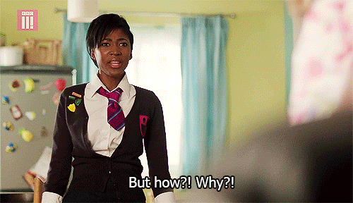 TV gif. Adelayo Adedayo as Viva in Some Girls yells as she points with intensity. Text, "But how?! Why?!"